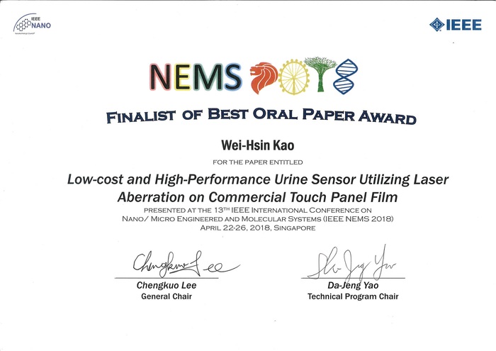 [106-2]恭賀 高尉馨同學於IEEE NEMS 2018 榮獲 FINALIST OF BEST ORAL PAPER AWARD圖片
