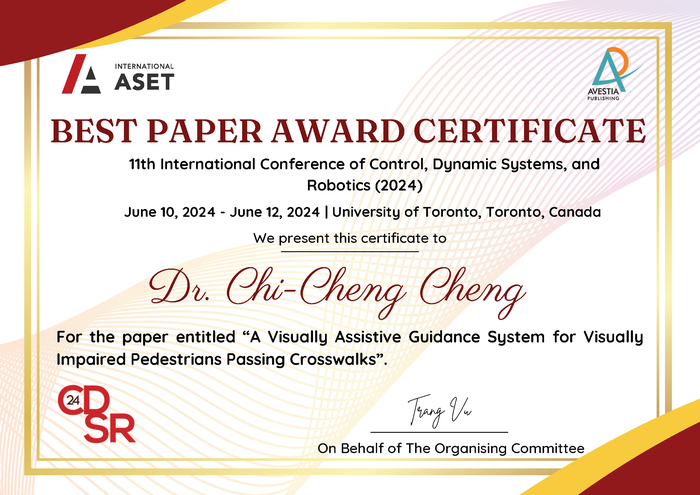 [榮譽］恭賀本系程啓正教授獲得2024年11th International Conference of Control, Dynamic Systems, and Robotics  